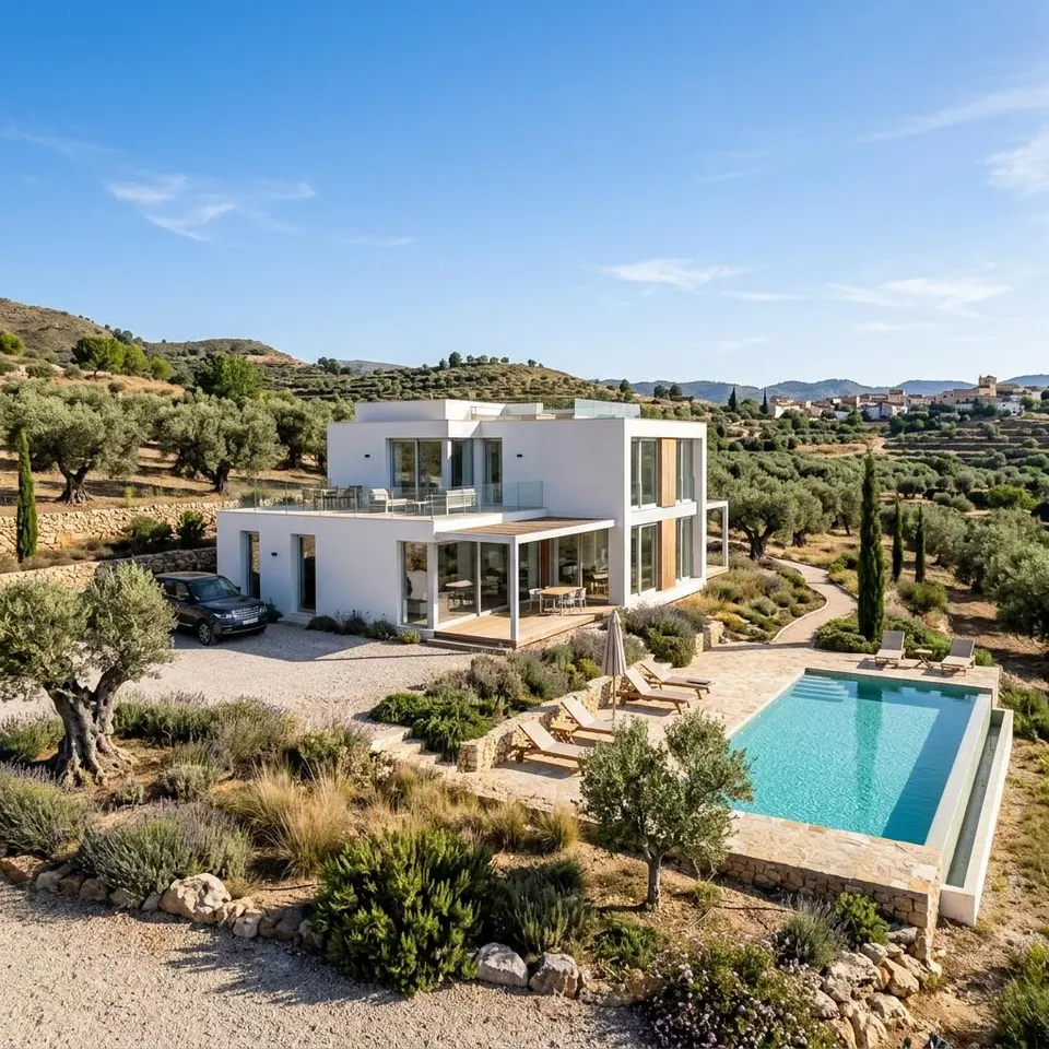 Weißes modernes Modul-Fertighaus mit Flachdach und Pool unter blauem Himmel am Mittelmeer – Fertighaus bauen in Spanien 2026 Weißes modernes Modul-Fertighaus mit Flachdach und Pool unter blauem Himmel am Mittelmeer – Fertighaus bauen in Spanien 2026