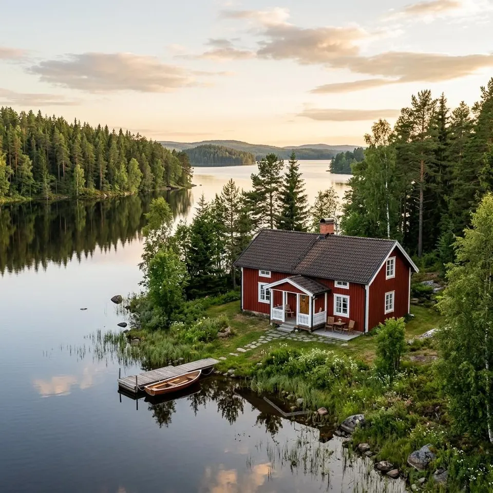 Rotes Schwedenhaus aus Holz mit weißen Fensterrahmen an einem skandinavischen See – Fertighaus bauen in Skandinavien 2026 Rotes Schwedenhaus aus Holz mit weißen Fensterrahmen an einem skandinavischen See – Fertighaus bauen in Skandinavien 2026