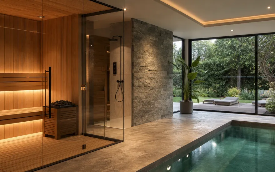 Privater Wellnessbereich im Luxus-Fertighaus: Indoor-Pool und Sauna mit Glaswand und Blick in den Garten