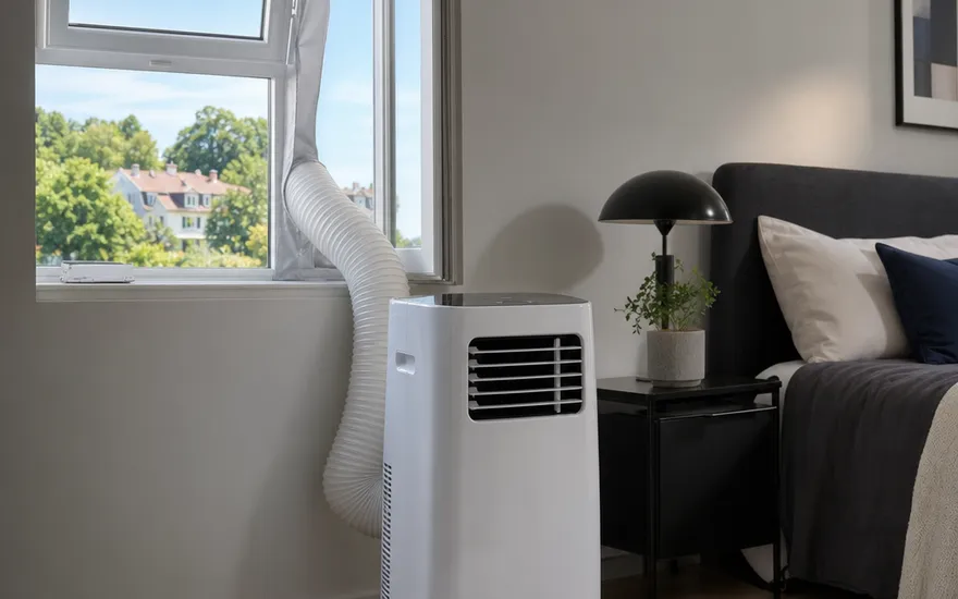 Mobile Klimaanlage mit Abluftschlauch und Fensterabdichtung Mobiles Klimagerät mit Abluftschlauch und Fensterabdichtung im Schlafzimmer – Monoblock-Klimaanlage für Mietwohnungen