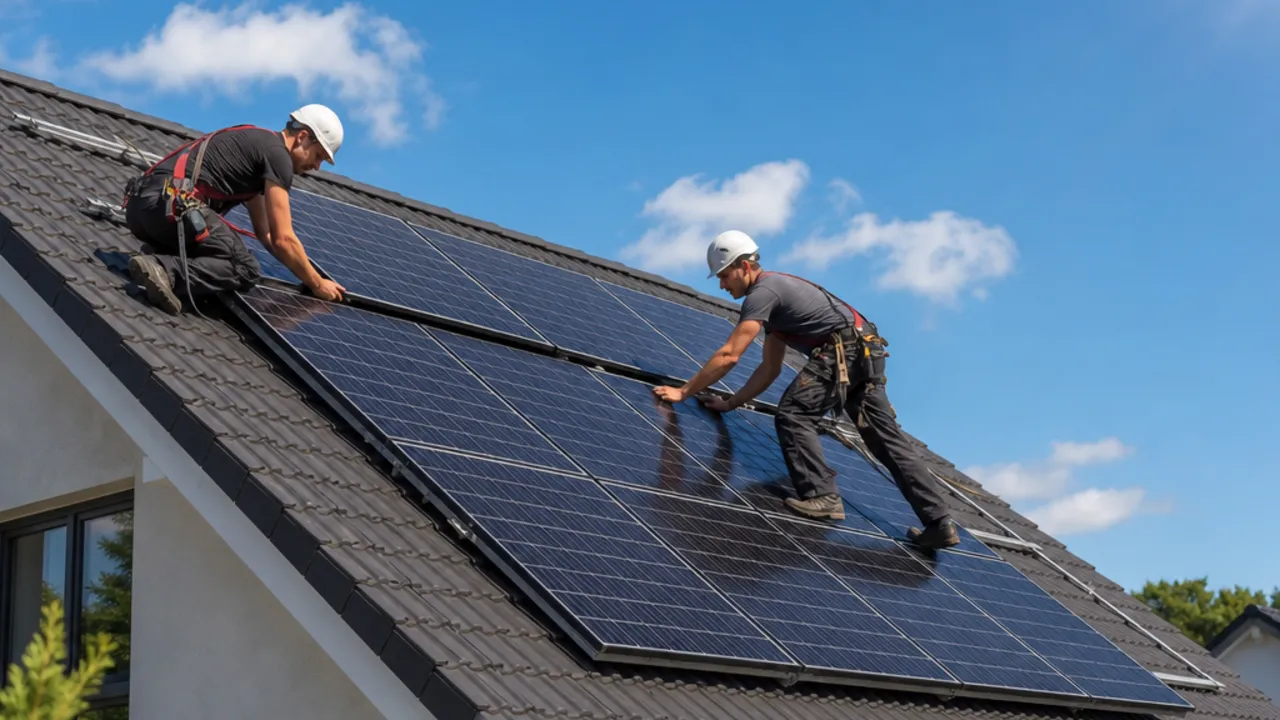 Photovoltaik-Montage durch den Fachbetrieb 2026 Solarteure montieren Photovoltaik-Module auf dem Dach eines Einfamilienhauses – Solaranlagen-Einbau durch den Fachbetrieb 2026