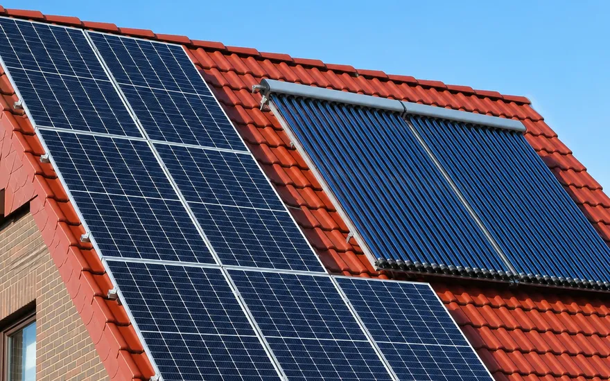 Photovoltaik und Solarthermie auf einem Dach kombiniert Photovoltaik-Module und Solarthermie-Kollektoren gemeinsam auf einem Ziegeldach – Strom und Wärme von der Sonne