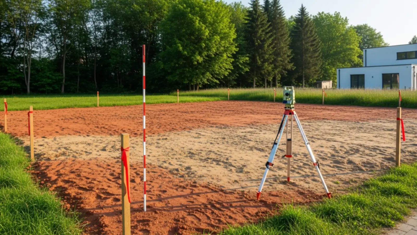 Vermessenes Baugrundstück mit gesetzten Grenzpunkten – Ausgangspunkt jeder Gesamtkalkulation fürs Fertighaus