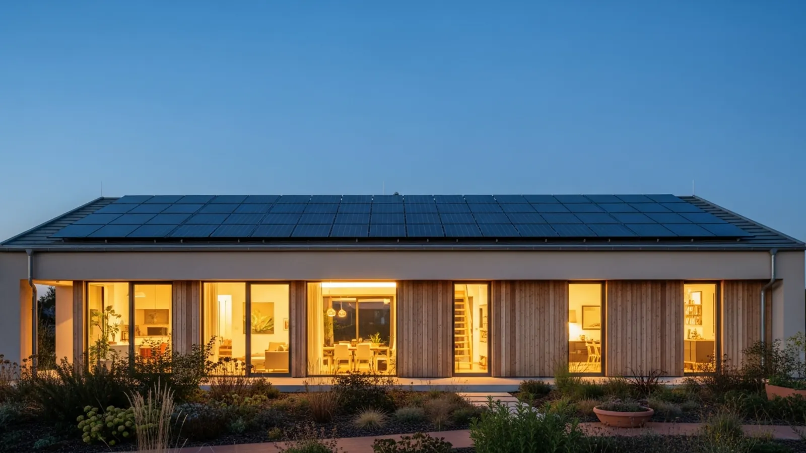 Solarmodule auf einem Fertighaus-Dach mit angebundenem Batteriespeicher – Wirtschaftlichkeit von Eigenstrom