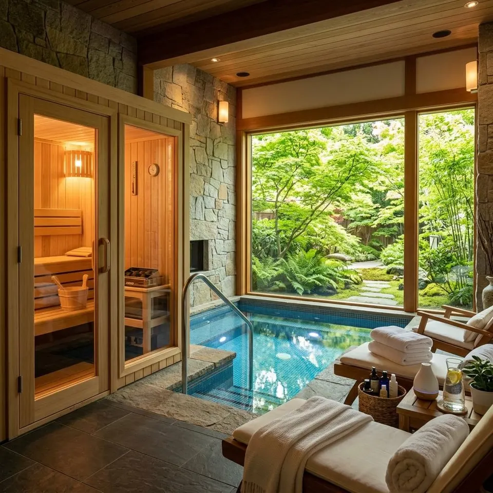 Sauna & Spa im Fertighaus: privater Wellness-Bereich mit Gartenblick Privater Spa-Bereich mit Holzsauna und kleinem Innenpool, große Fensterfront zum Garten – Sauna und Spa im Fertighaus