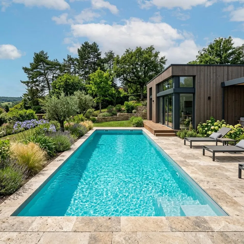 Schwimmbecken im Garten: GFK-Pool neben dem Fertighaus Rechteckiges GFK-Schwimmbecken mit klarem Wasser und Steinumrandung neben einem modernen Holz-Fertighaus – Schwimmbecken im Garten