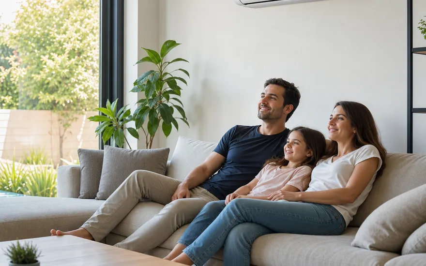 Split-Klimaanlage im Wohnzimmer Split-Klimaanlage im Wohnzimmer: Familie entspannt bei angenehmen Temperaturen trotz Sommerhitze