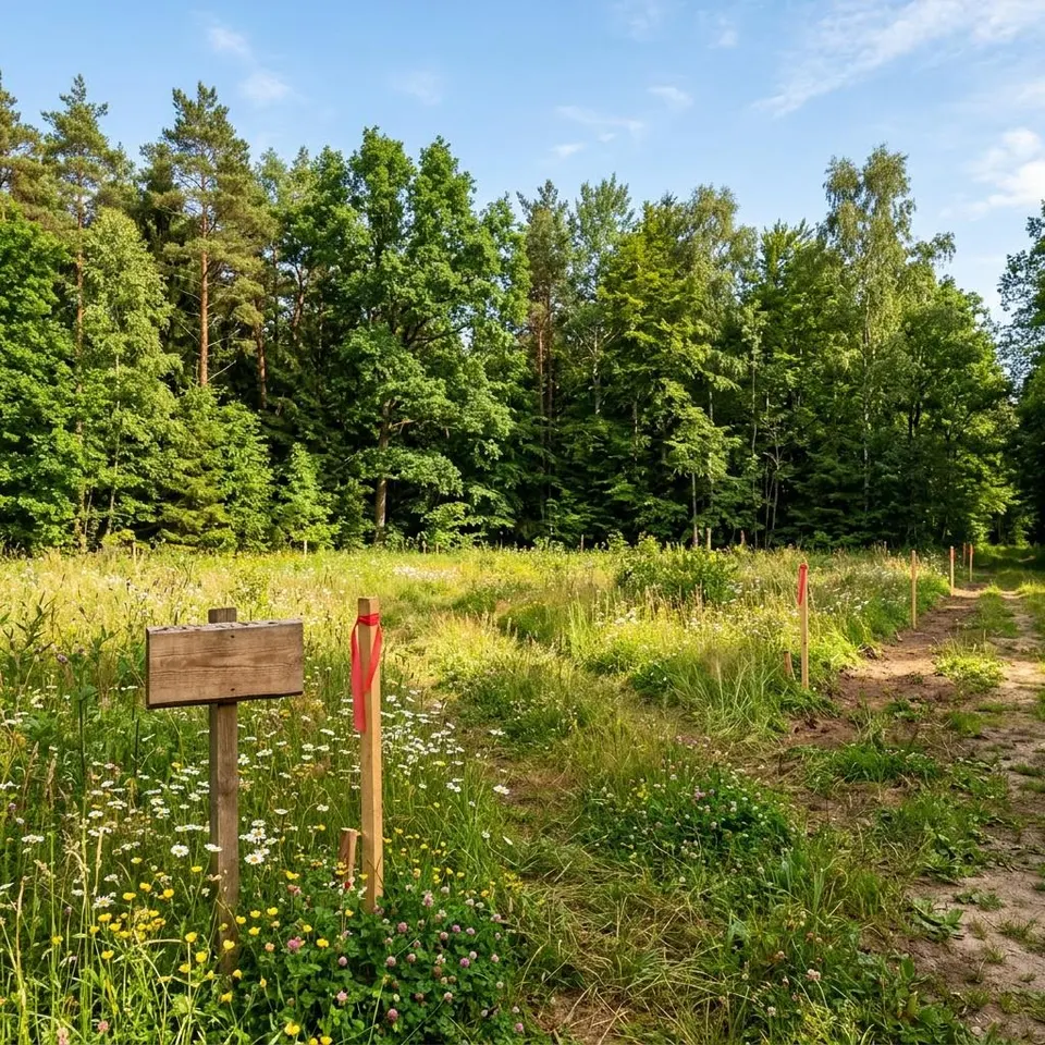Sonniges Baugrundstück am Waldrand mit Vermessungspflöcken vor hohem Mischwald – Waldgrundstück mit Baurecht bebauen